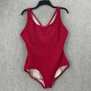 VINTAGE One Piece Swimsuit Womens 14 Red Textured Seersucker Crossover Back